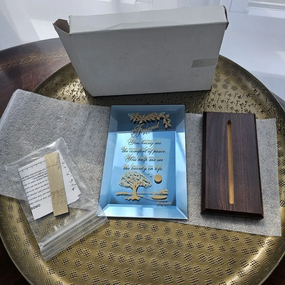 Vintage Glass Friendship Plaque with Wood Stand and Engravable Brass Plate